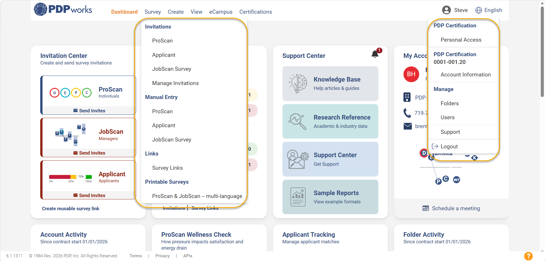 Dashboard with Survey and Name menu
